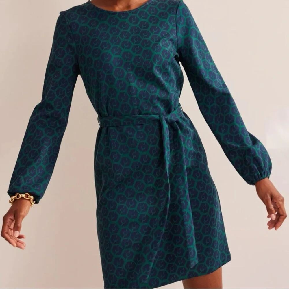 Boden Clara Dress Womens Size 20-22 Long Blue Green Geo Knit Belted Career 2X